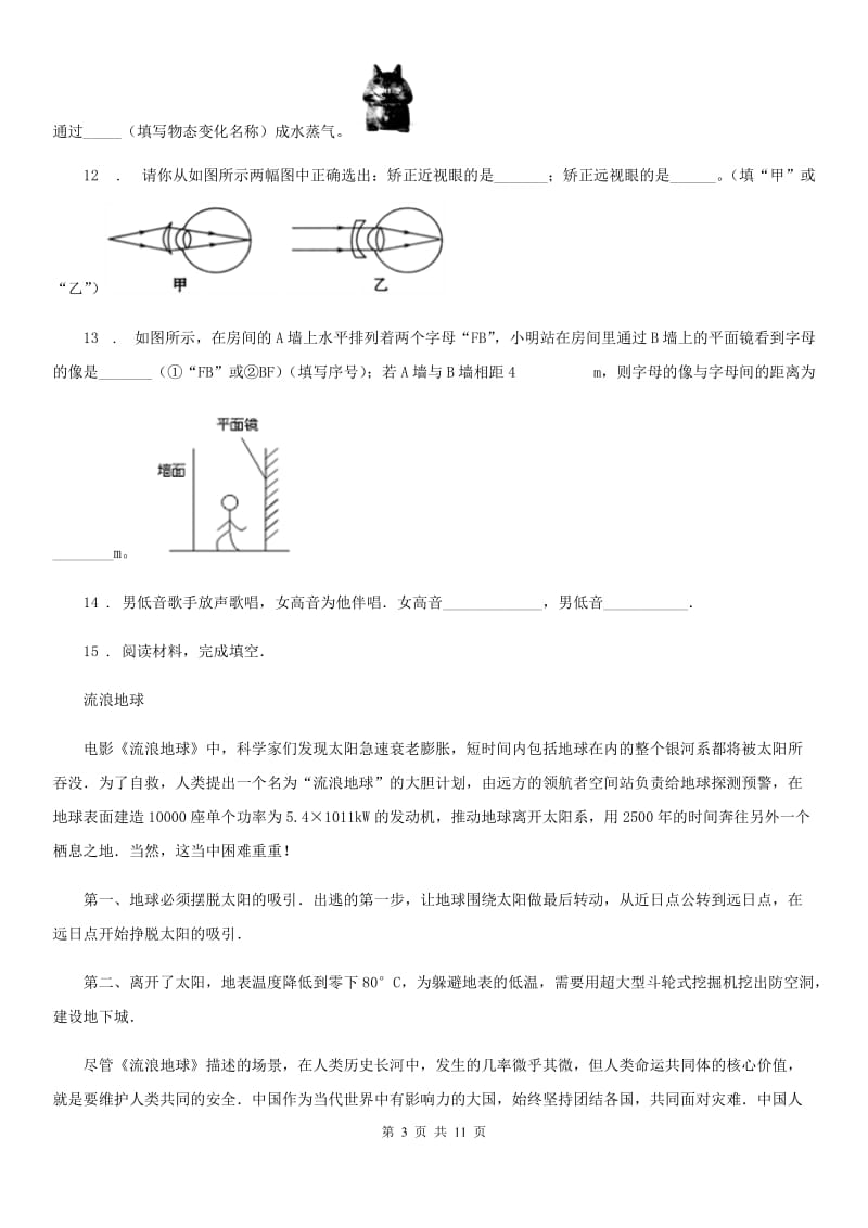 湘教版八年级（上）期末考试物理试题(模拟)_第3页