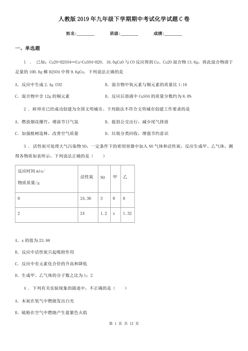 人教版2019年九年级下学期期中考试化学试题C卷(模拟)_第1页