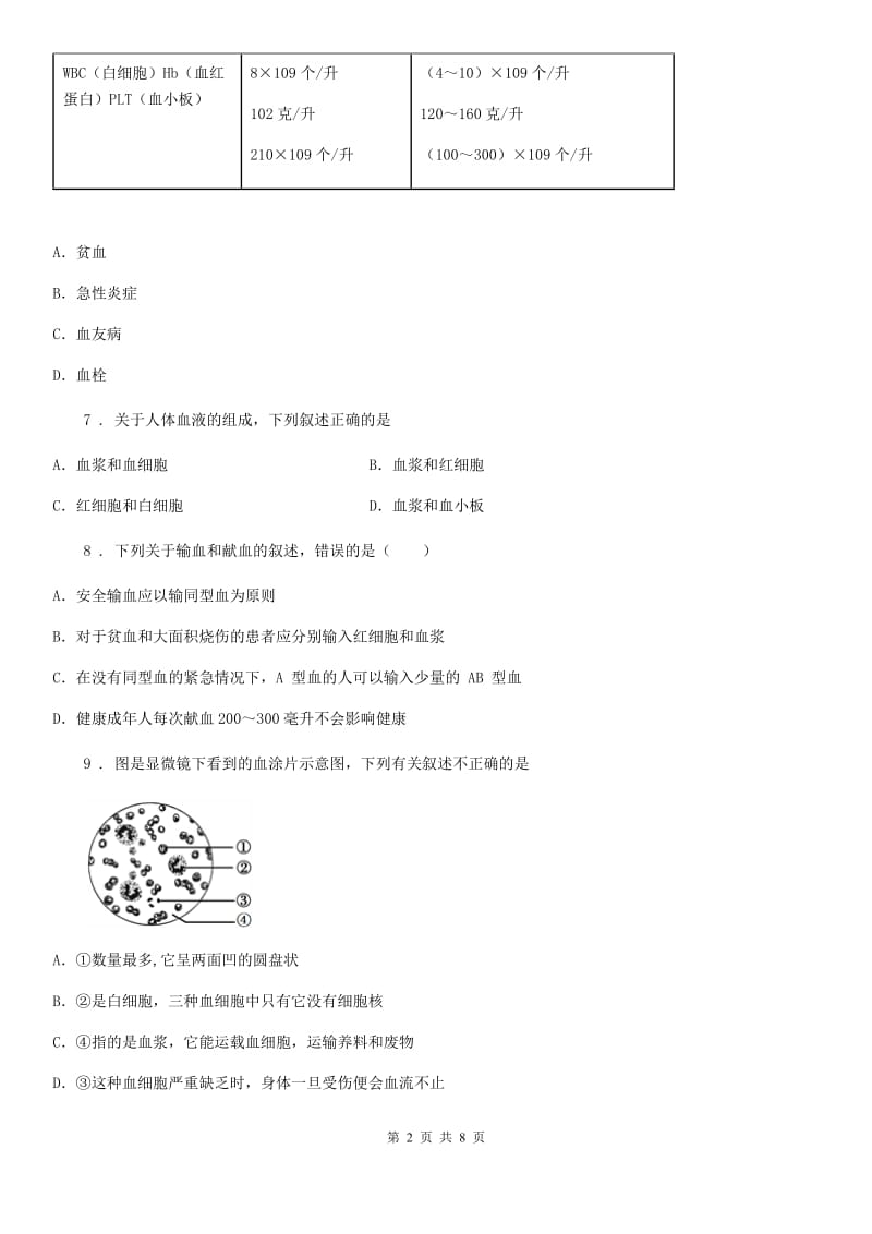 2020版苏教版七年级下册生物 10.1血液与血型练习题D卷_第2页