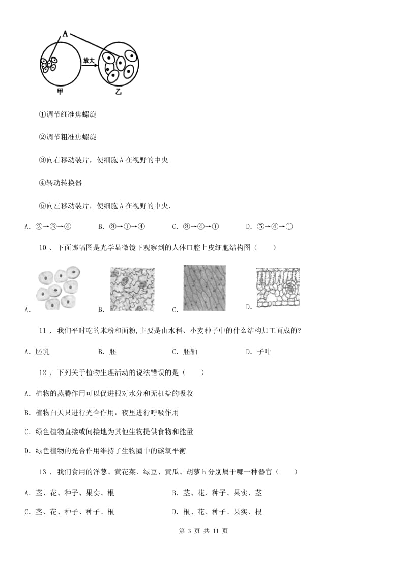 人教版（新课程标准）2020年七年级上学期期末考试生物试题B卷(模拟)_第3页