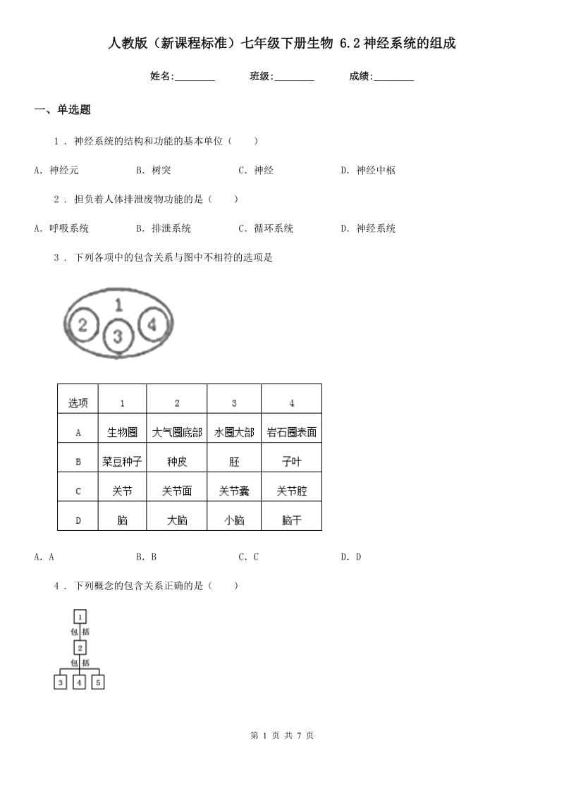 人教版（新课程标准）七年级下册生物 6.2神经系统的组成_第1页