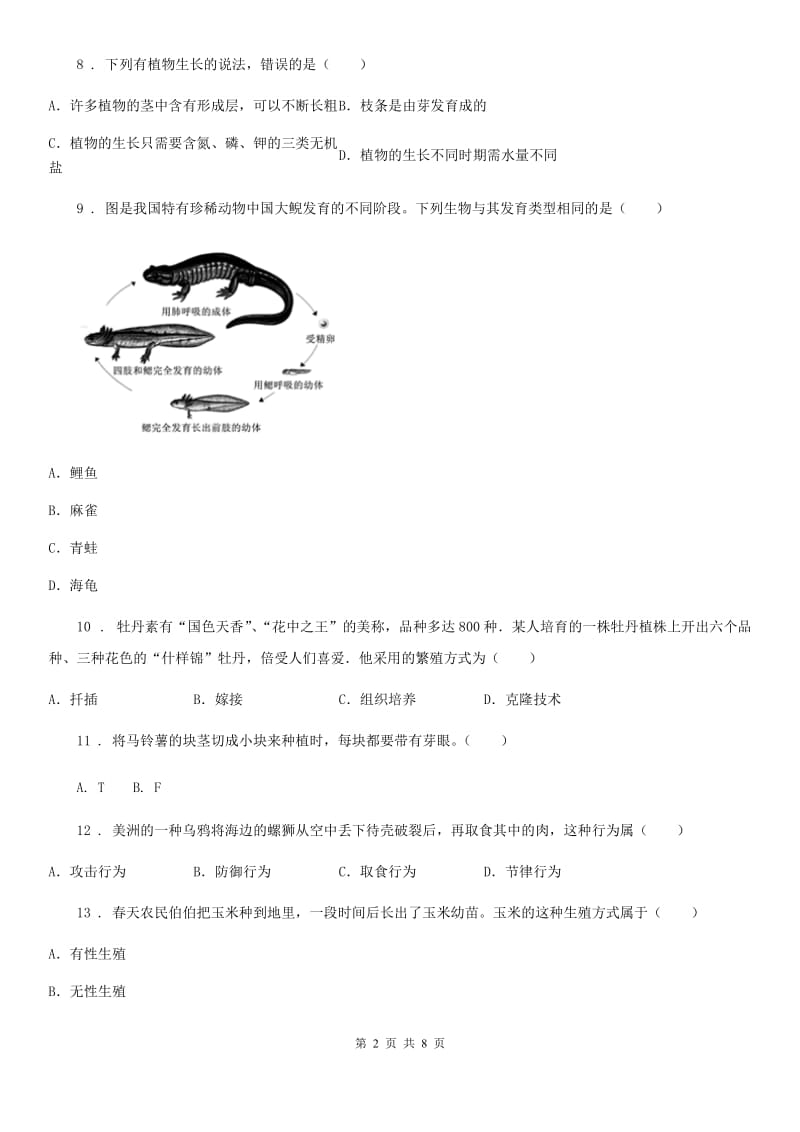 人教版（新课程标准）八年级生物下册第6单元第1章生物的繁殖 章末检测题_第2页