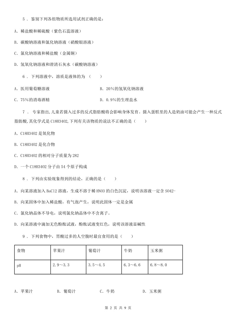 人教版中考化学章节强化训练——专题十三：酸和碱_第2页