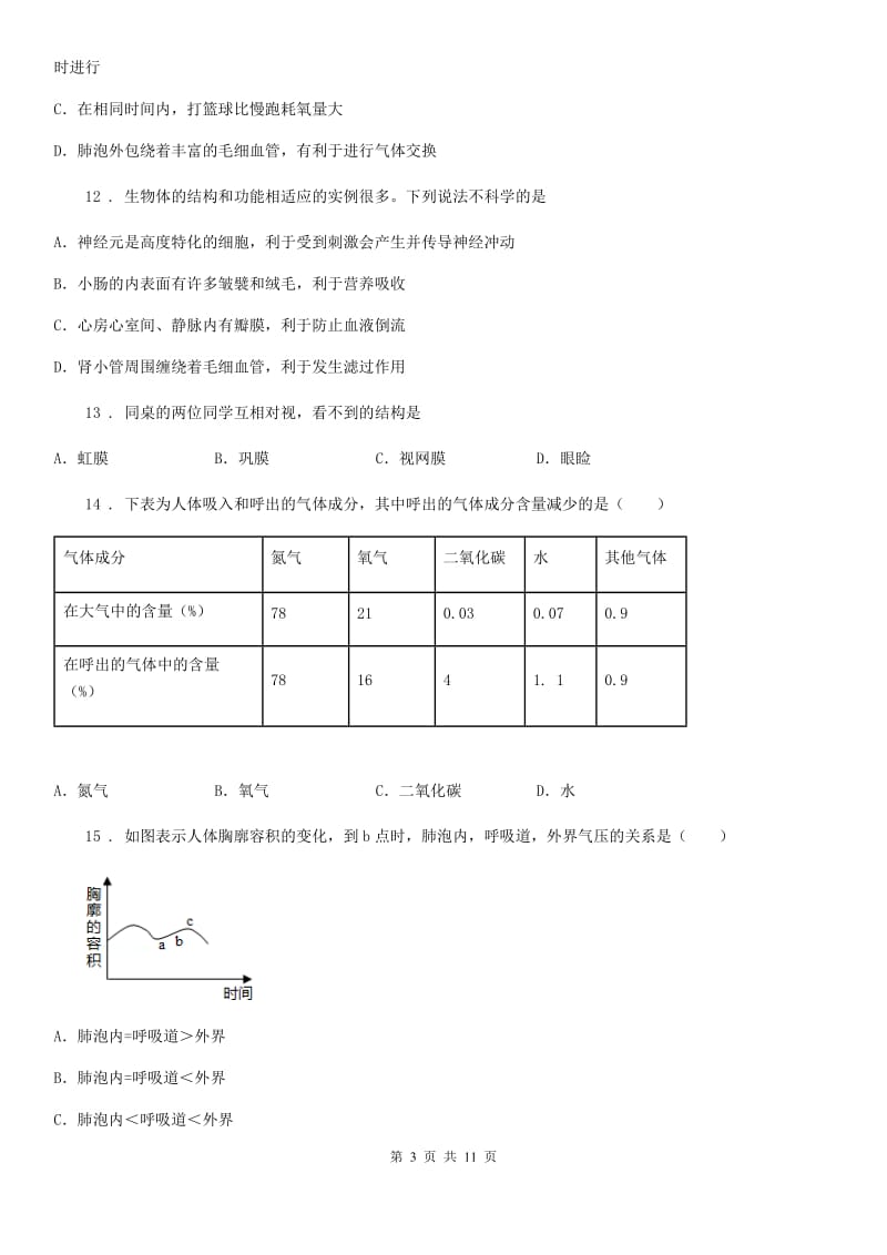 人教版（新课程标准）2019版七年级下学期第二次月考生物试题（I）卷_第3页