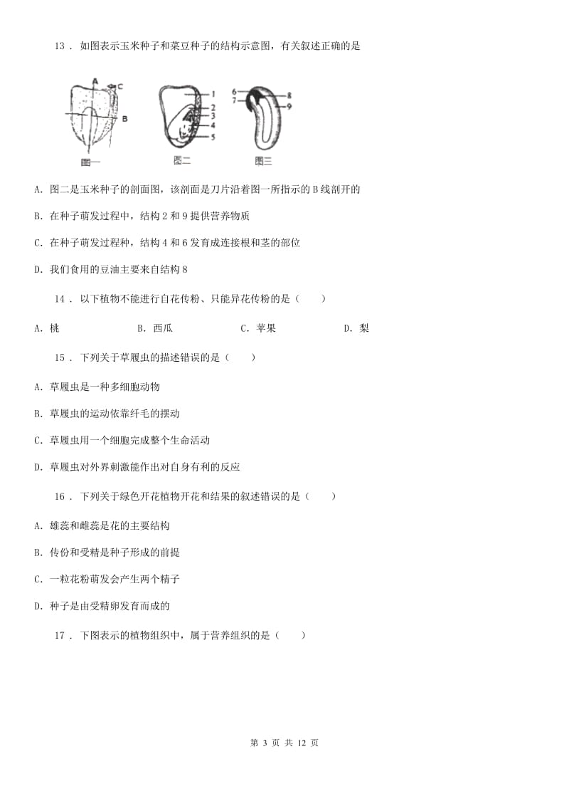 人教版（新课程标准）七年级上学期第3次月考生物试题_第3页