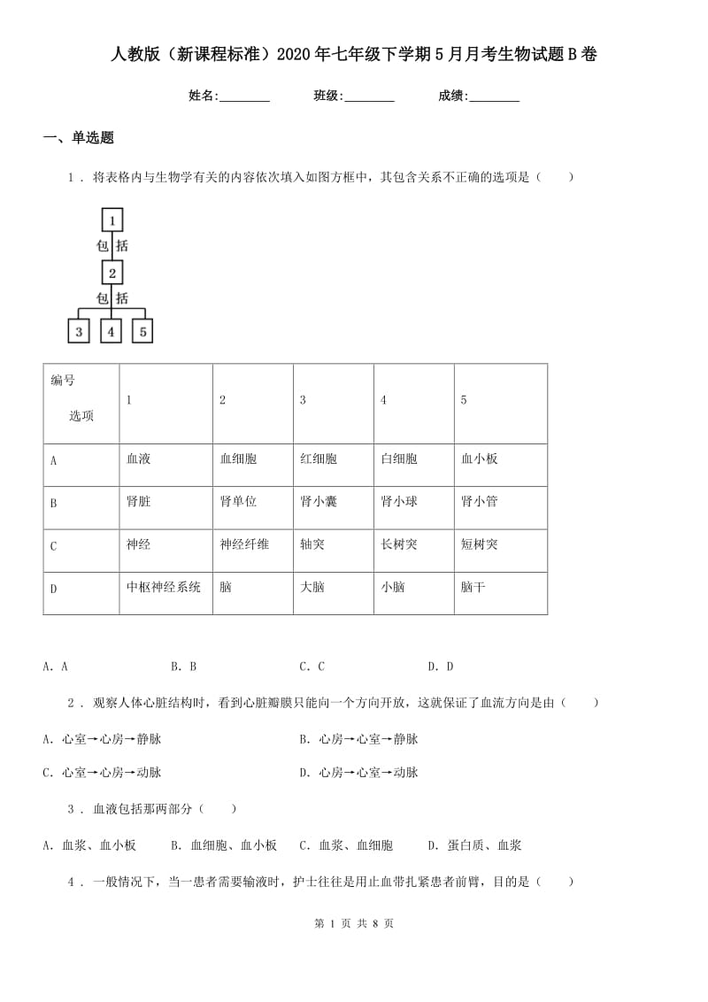 人教版（新课程标准）2020年七年级下学期5月月考生物试题B卷_第1页