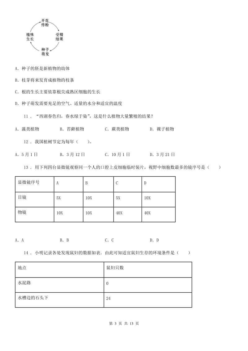 人教版（新课程标准）2020年七年级上学期期末生物试题（II）卷（练习）_第3页