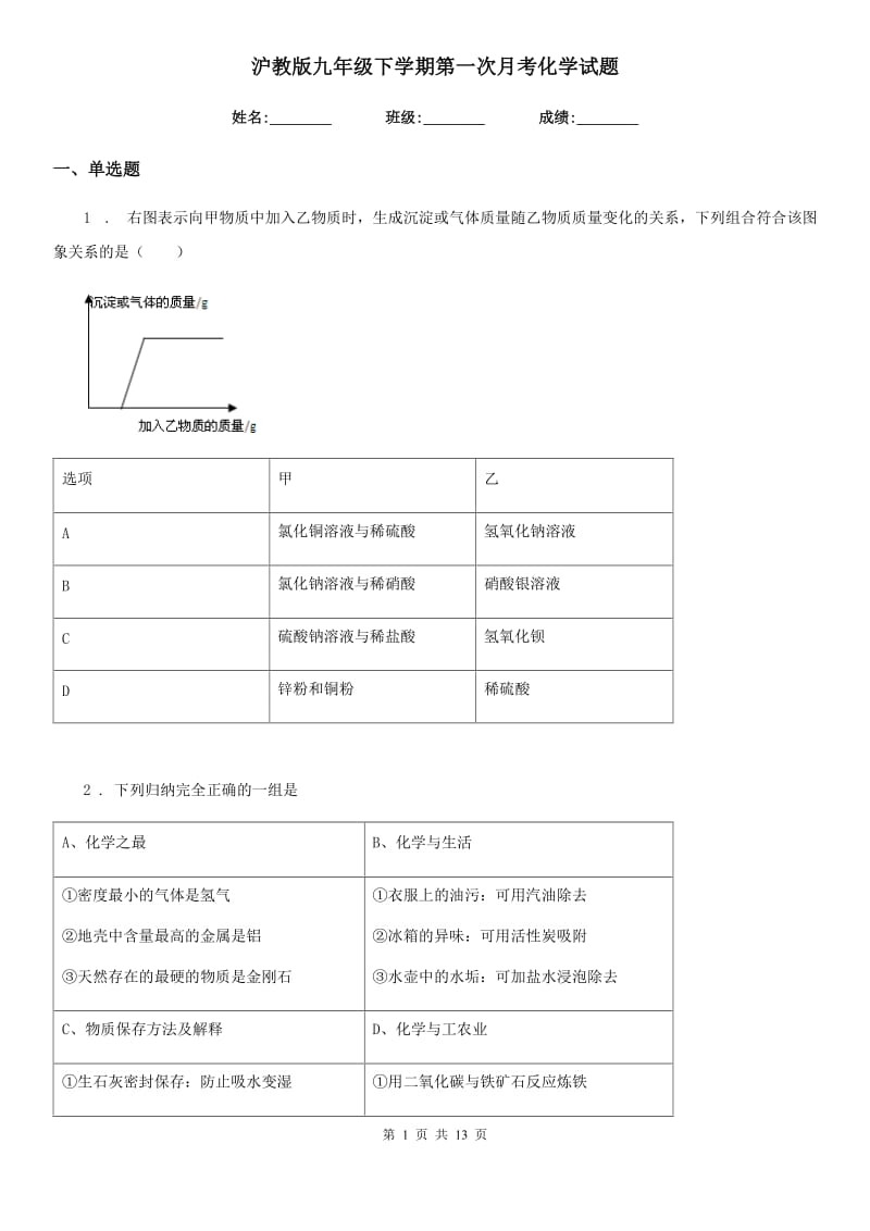 沪教版九年级下学期第一次月考化学试题_第1页