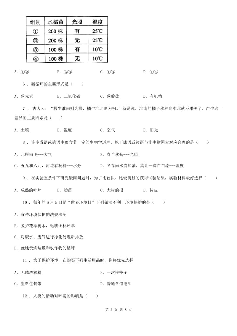 人教版七年级生物下册第七章人类活动对生物圈的影响单元测试题_第2页