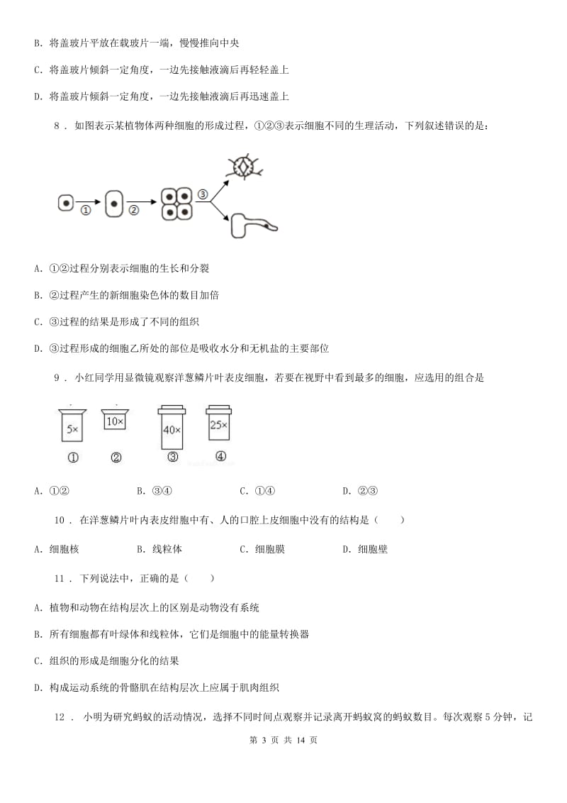 人教版（新课程标准）2020年七年级上学期期中考试生物试题D卷_第3页