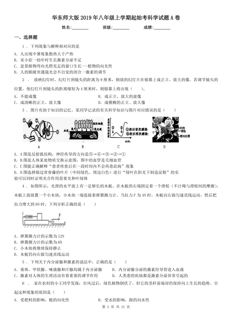 华东师大版2019年八年级上学期起始考科学试题A卷_第1页