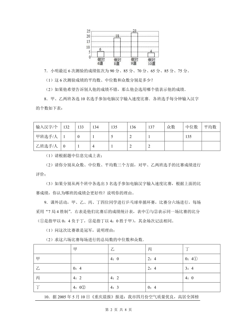 部审人教版八年级数学下册同步练习20.1.2 第2课时 平均数、中位数和众数的应用_第2页