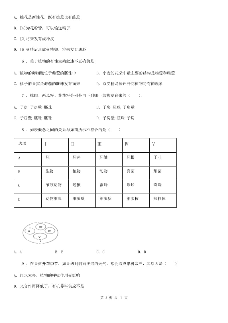 北师大版七年级生物上册第6章绿色开花植物的生活史单元测试题_第2页