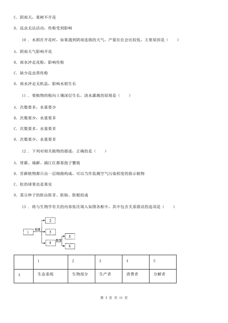 北师大版七年级生物上册第6章绿色开花植物的生活史单元测试题_第3页