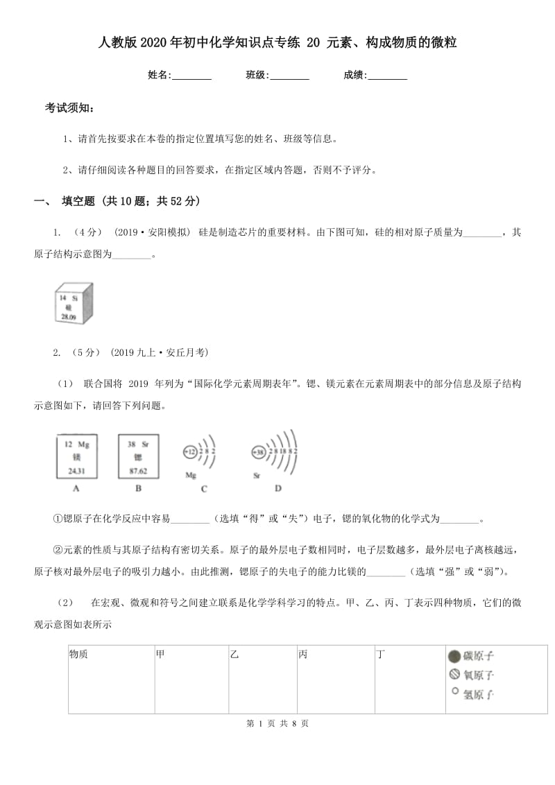 人教版2020年初中化学知识点专练 20 元素、构成物质的微粒_第1页