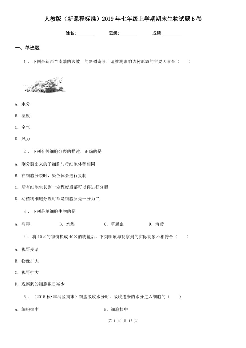 人教版（新课程标准）2019年七年级上学期期末生物试题B卷新编_第1页