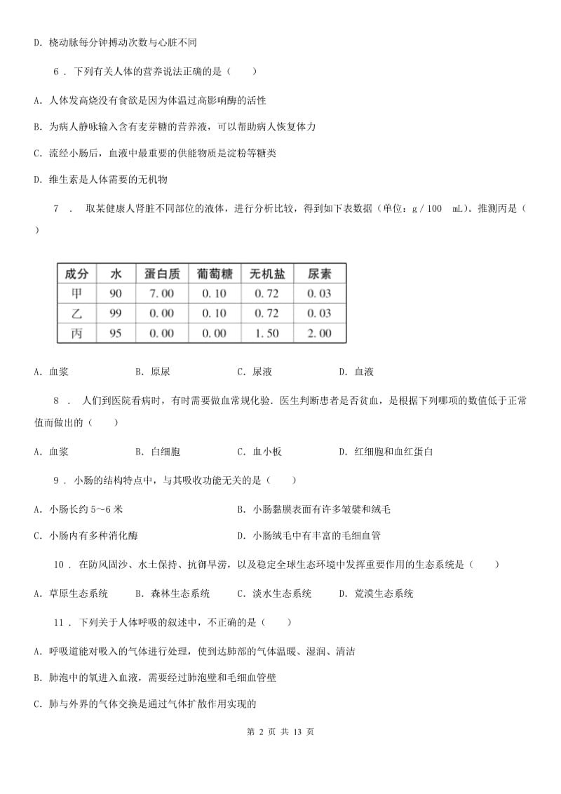 人教版（新课程标准）2020版七年级（下）期中生物试题B卷_第2页