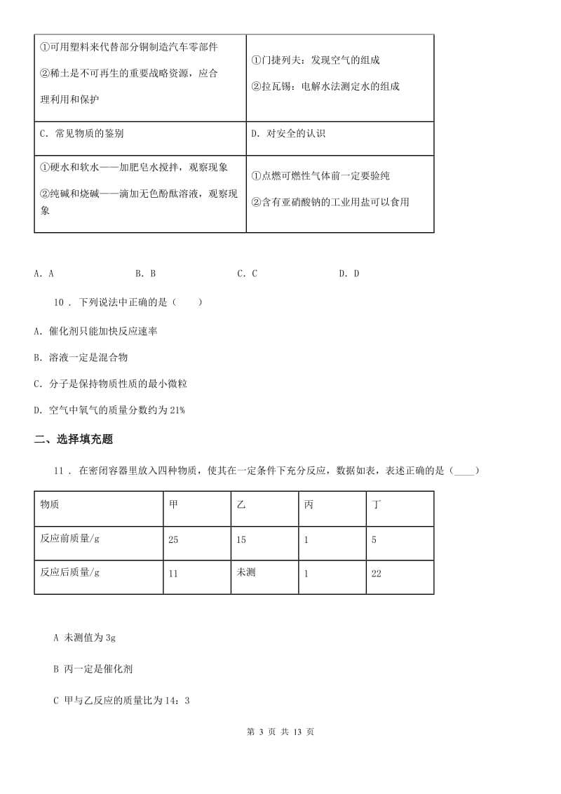 人教版2019-2020年度九年级上学期第二次月考化学试题B卷（模拟）_第3页