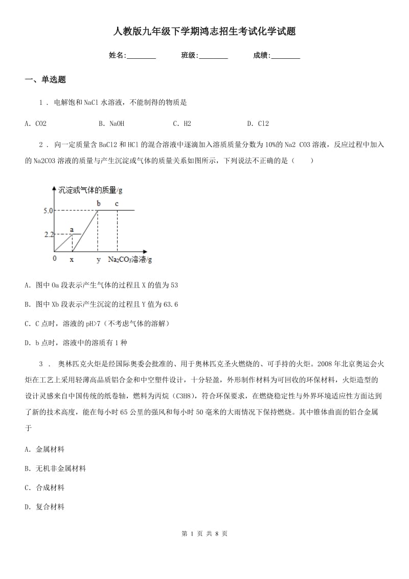 人教版九年级下学期鸿志招生考试化学试题_第1页