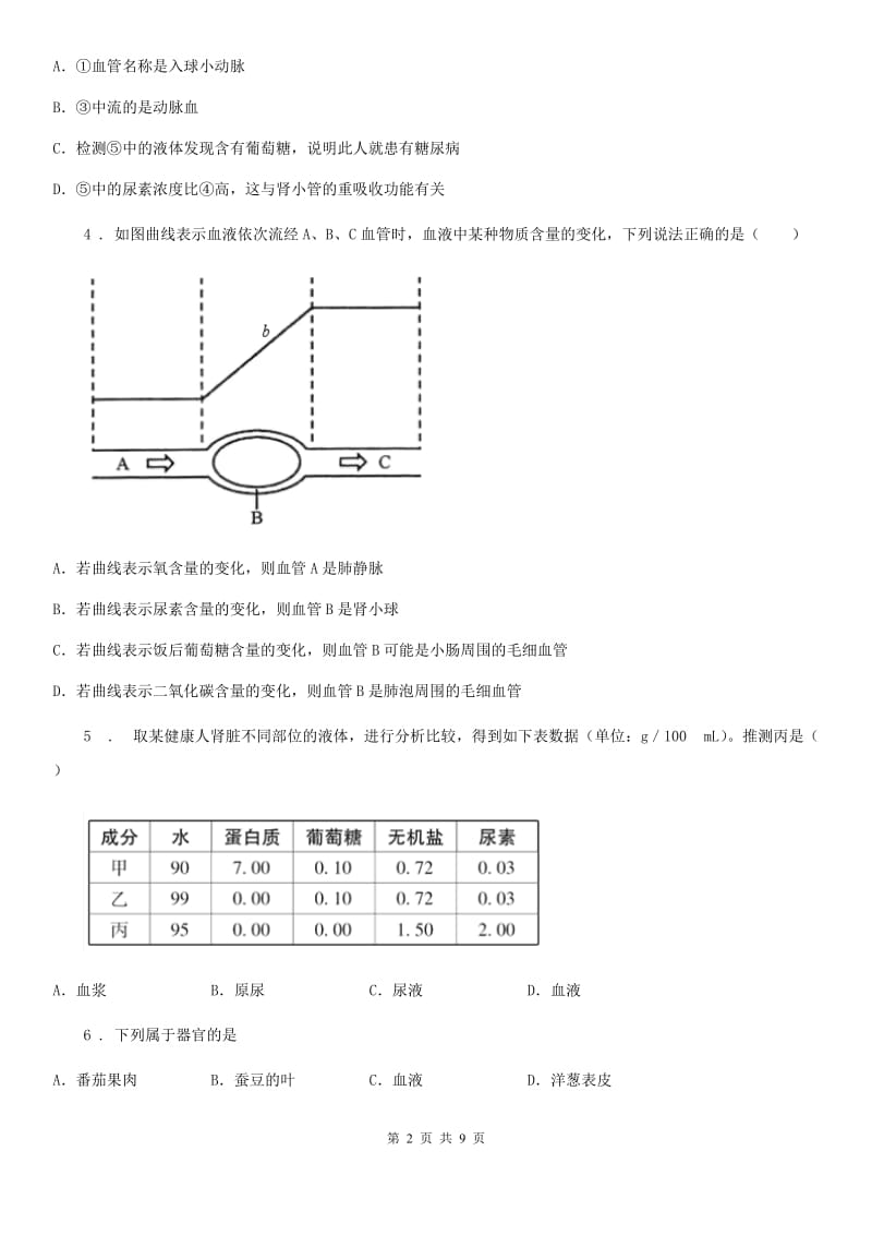 北师大版七年级下册生物巩固训练 第11章 人体代谢废物的排出_第2页