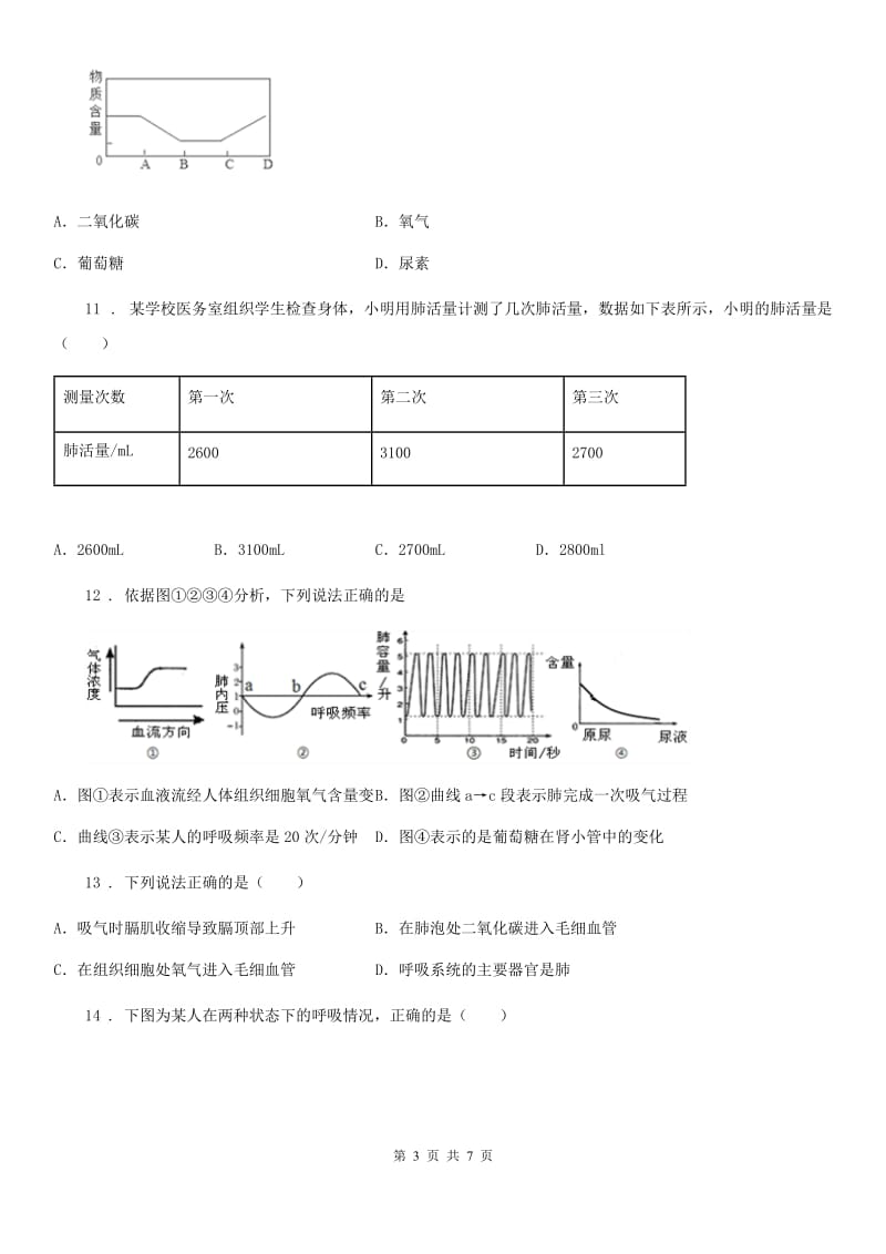 苏科版初中生物七年级上册第三单元7.2《人体的呼吸》测评练习题_第3页