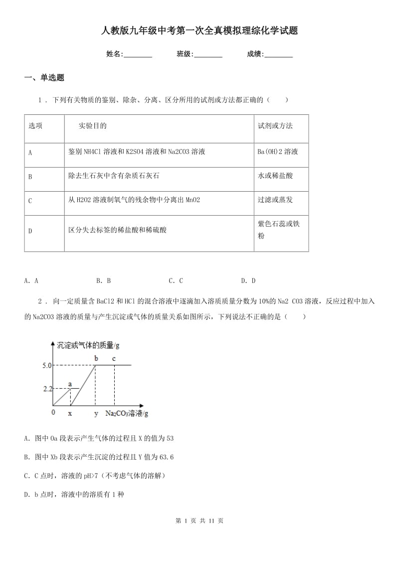 人教版九年级中考第一次全真模拟理综化学试题_第1页