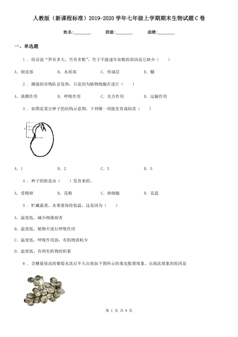 人教版（新课程标准）2019-2020学年七年级上学期期末生物试题C卷（练习）_第1页