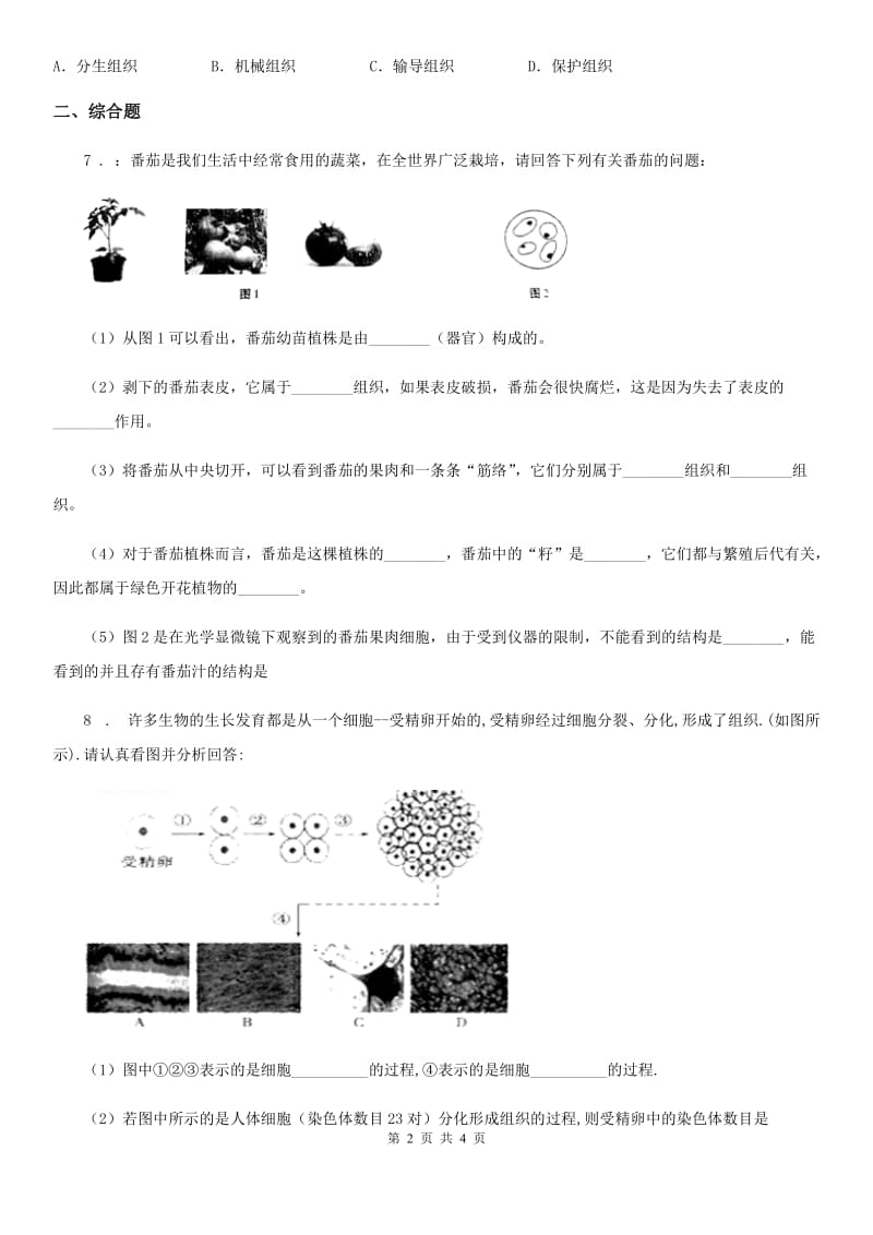 人教版生物七年级上册2.2.3植物体的结构层次同步练习题_第2页