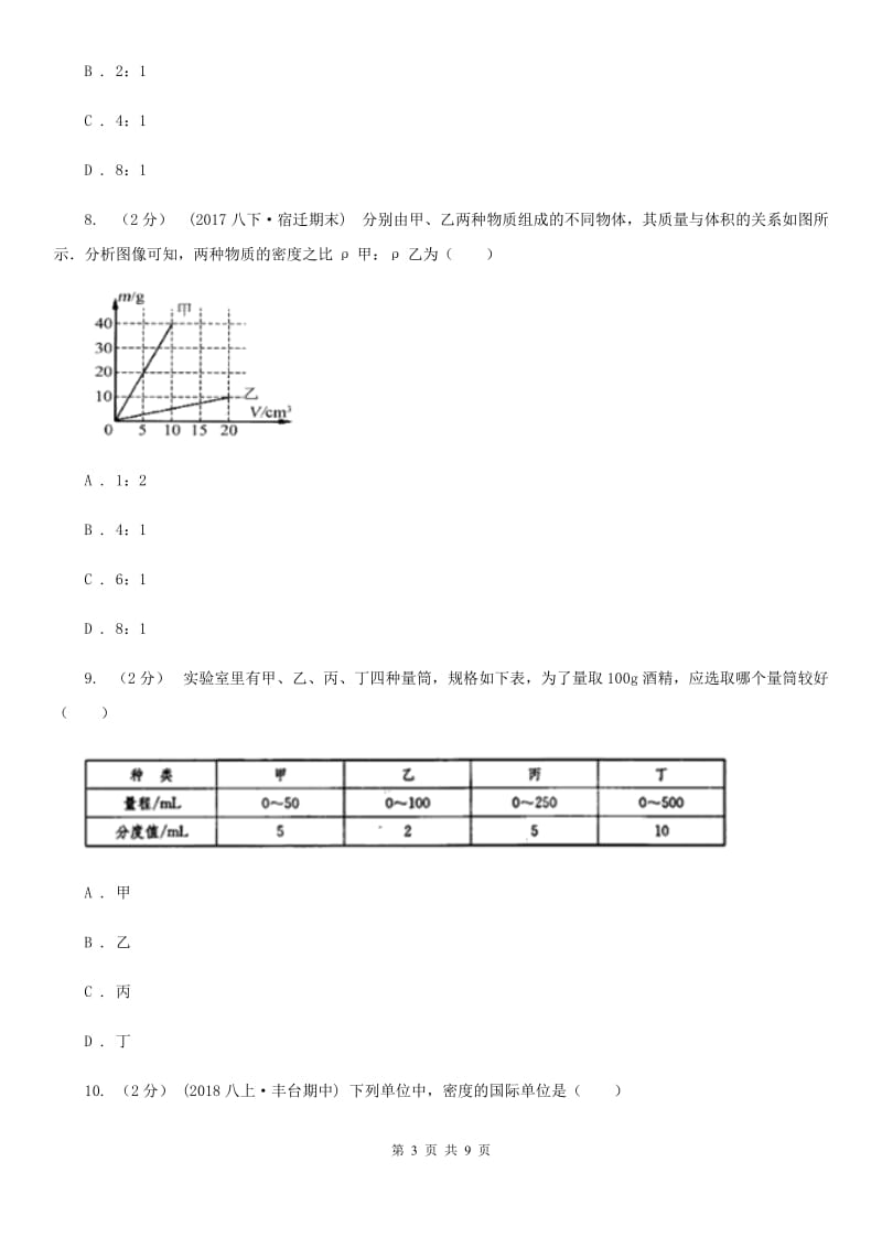 人教版八年级物理上学期期末复习专练八：质量和密度的概念及应用_第3页