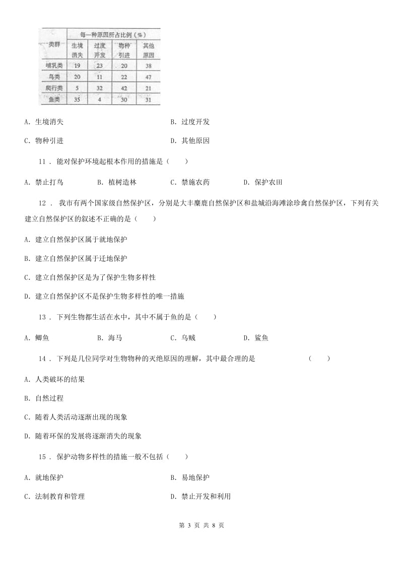 人教版八年级上册生物 第六单元 第三章 保护生物的多样性 单元巩固训练题_第3页