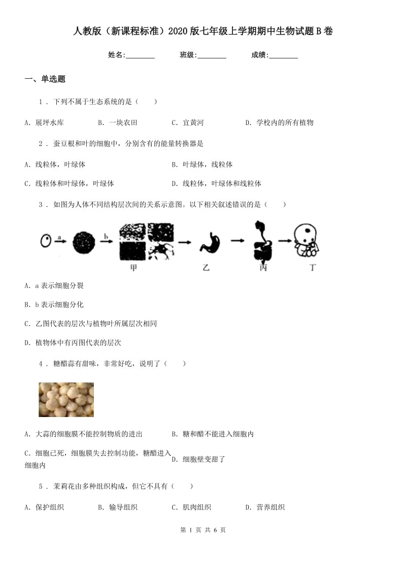 人教版（新课程标准）2020版七年级上学期期中生物试题B卷（模拟）_第1页