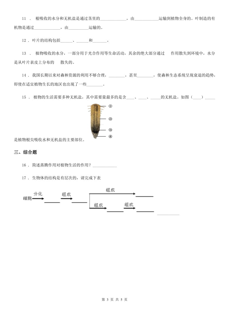 济南版七年级上册生物 2.1.2绿色植物的蒸腾作用 同步测试题_第3页