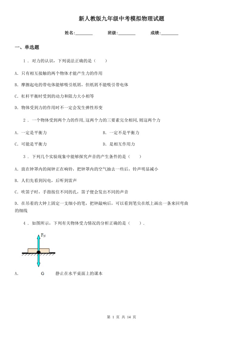 新人教版九年级中考模拟物理试题_第1页