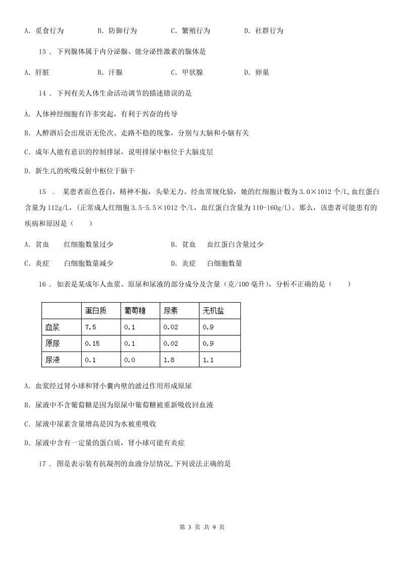 2020年苏科版八年级上册生物 第6单元 生命活动的调节和生态系统的稳定 单元巩固练习题C卷_第3页