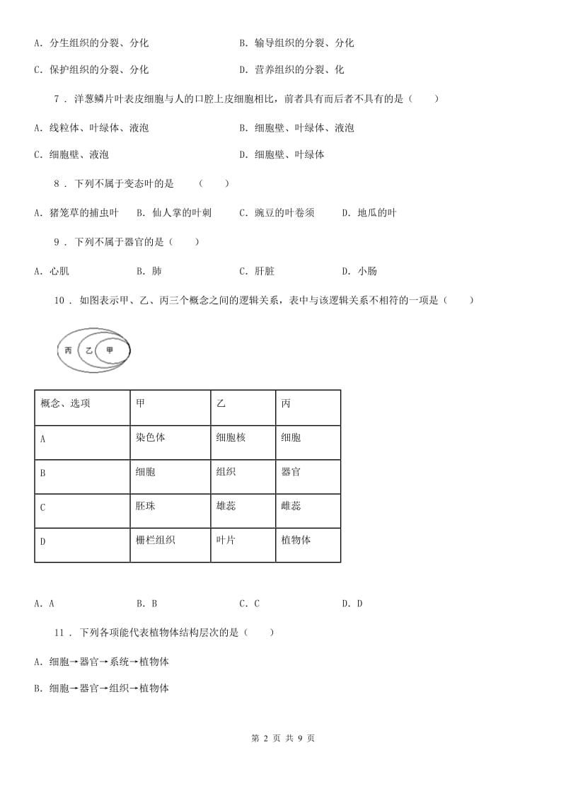 北师大版七年级上册生物 第二单元 第4章 生物体的结构层次 单元复习训练题_第2页