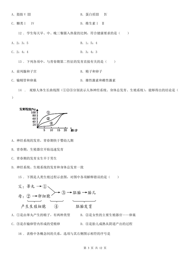 人教版（新课程标准）2020版七年级下学期第一次联考生物试题D卷_第3页