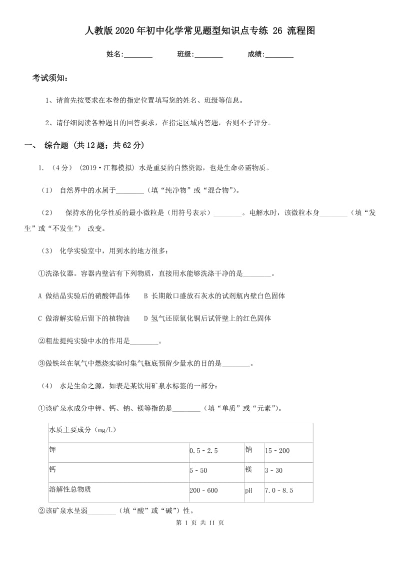 人教版2020年初中化学常见题型知识点专练 26 流程图_第1页