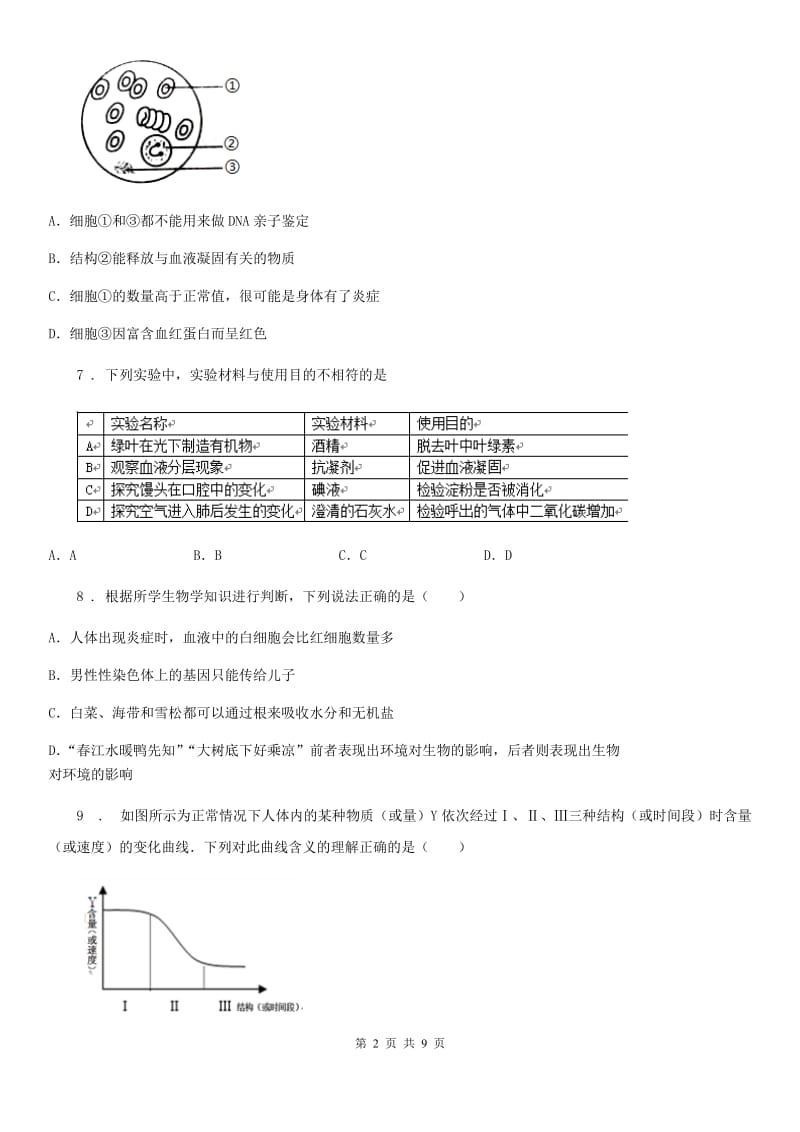 人教版（新课程标准）七年级下学期期中模拟生物试题_第2页