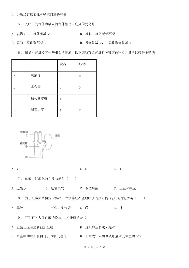 人教版（新课程标准）2020年（春秋版）七年级下学期中生物试题（II）卷_第2页