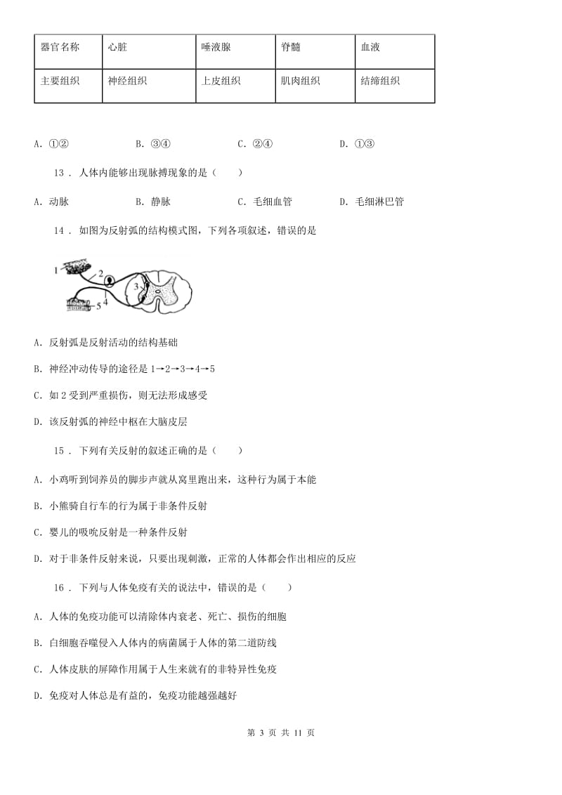 人教版（新课程标准）2019-2020年度七年级下学期期末考试生物试题B卷_第3页