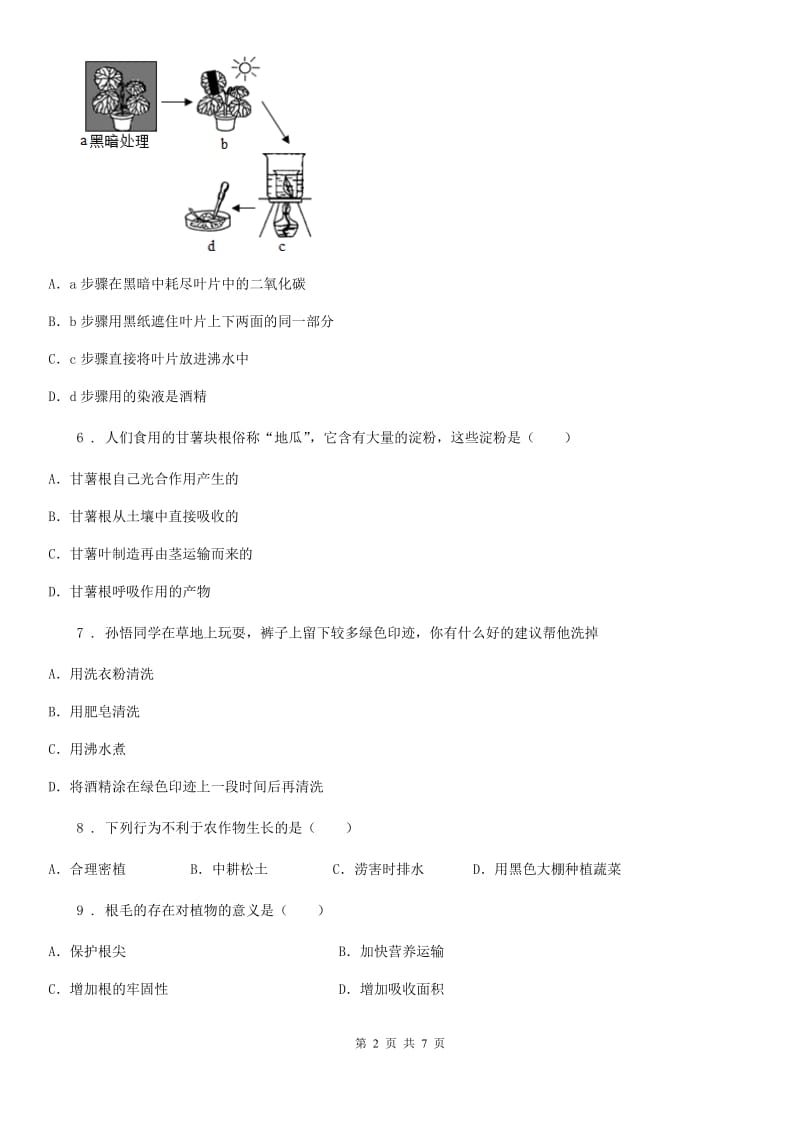 人教版生物七年级上册3.4绿色植物是生物圈中有机物的制造者练习题_第2页