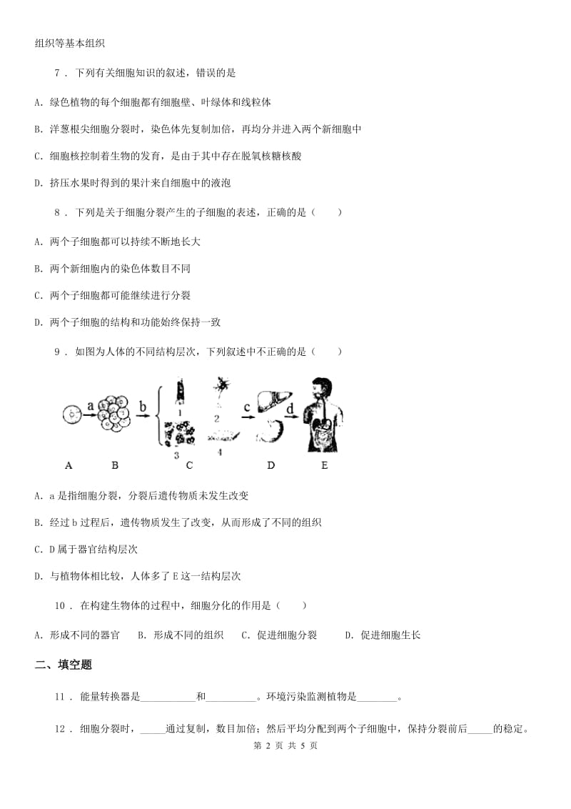 人教版（新课程标准）七年级上生物寒假作业-作业九_第2页