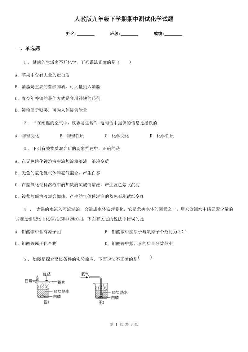 人教版九年级下学期期中测试化学试题_第1页