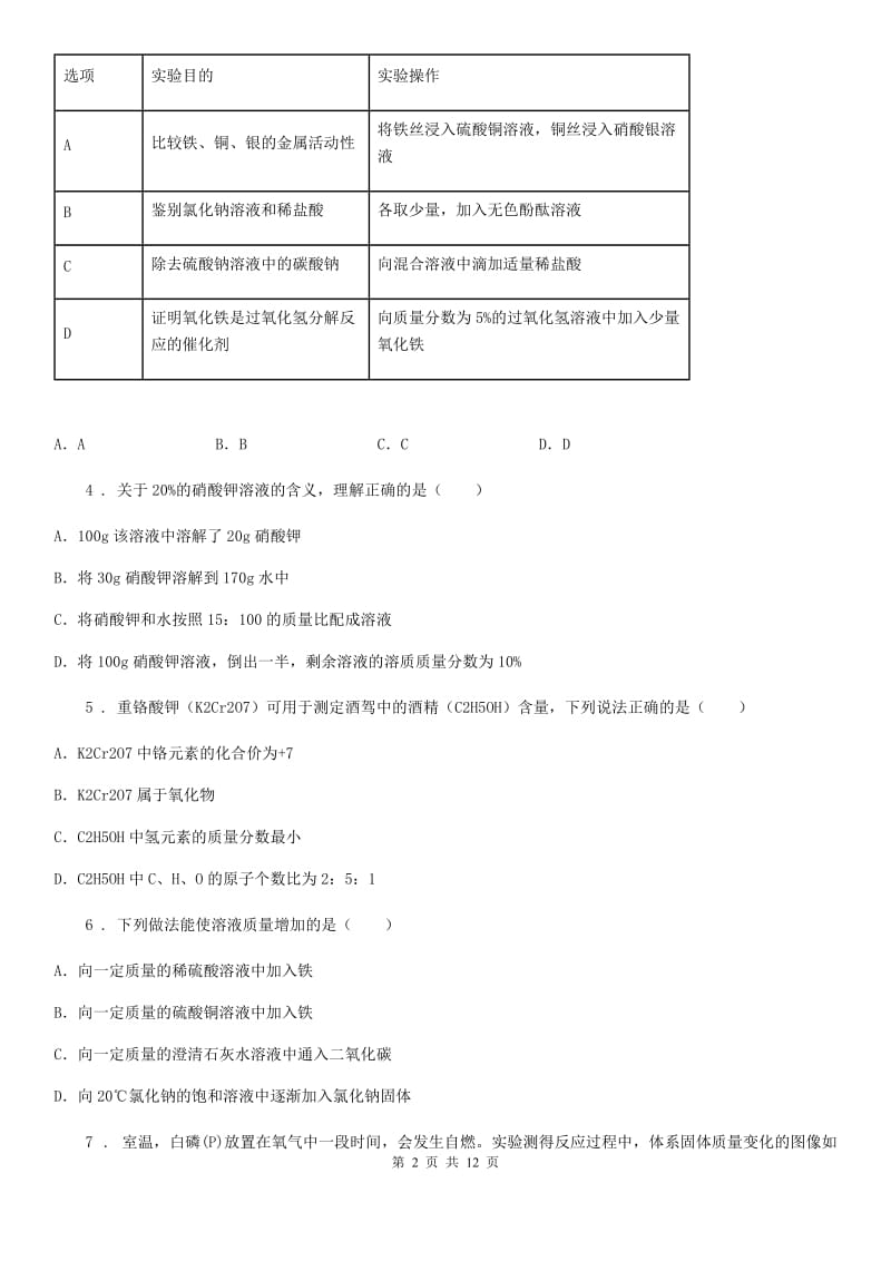 人教版九年级上学期升学文化课样卷化学试题_第2页