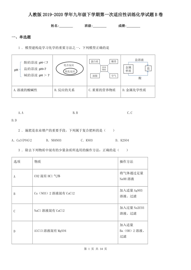 人教版2019-2020学年九年级下学期第一次适应性训练化学试题B卷(模拟)_第1页