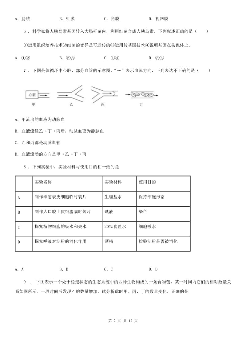 人教版八年级学科竞赛生物试题_第2页