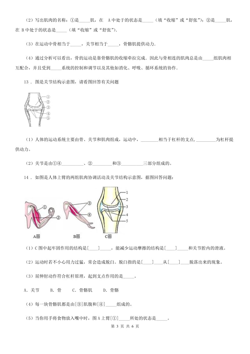 人教版2019-2020学年八年级生物上册同步练习：5.2.1 动物的运动_第3页