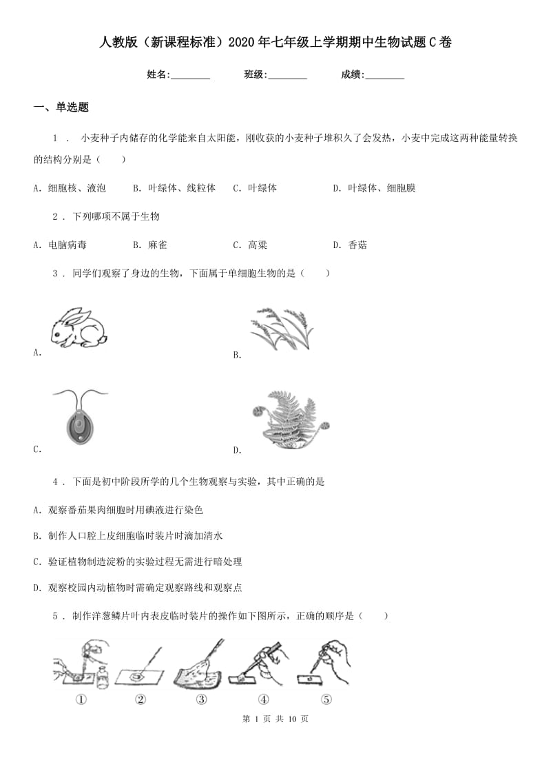 人教版（新课程标准）2020年七年级上学期期中生物试题C卷(练习)_第1页