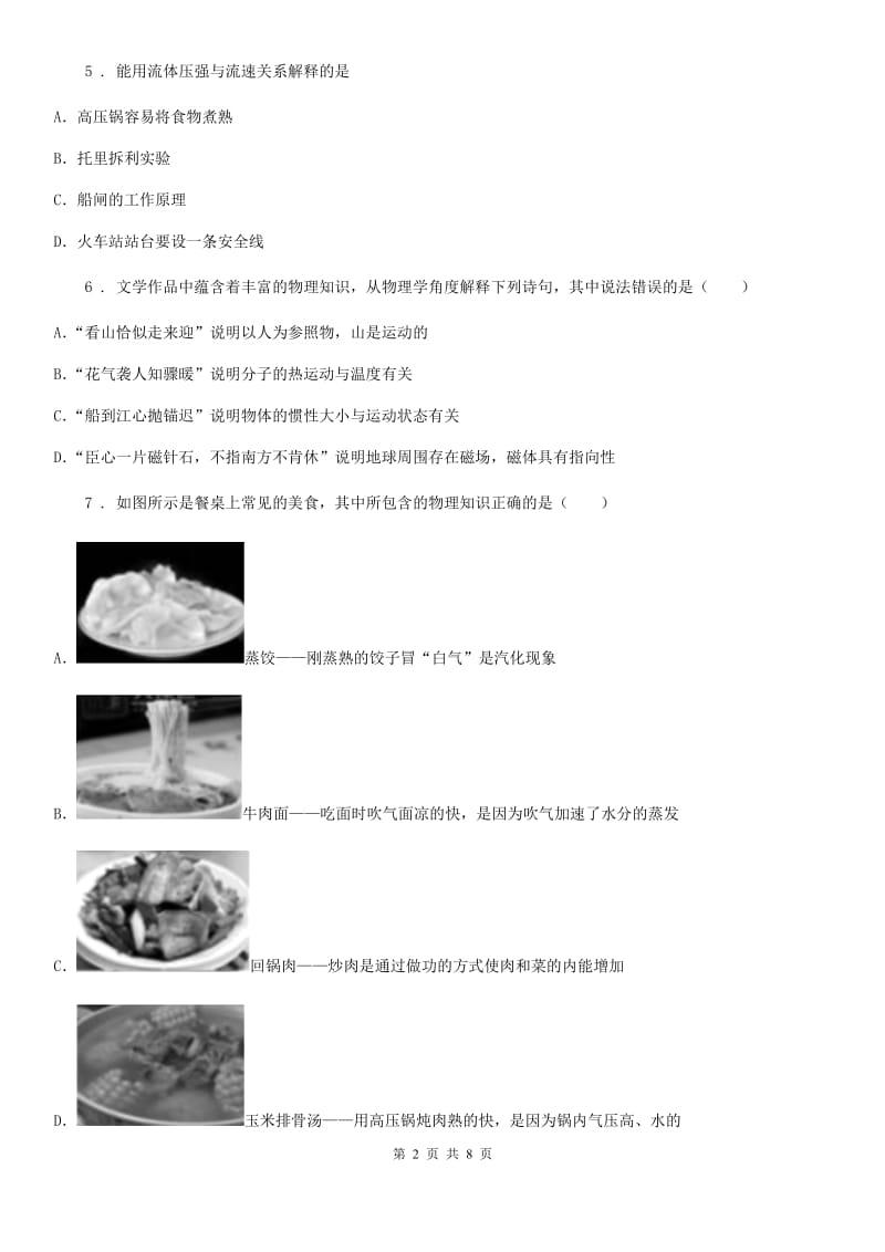 沪教版八年级（上）期中考试物理试题(测试)_第2页