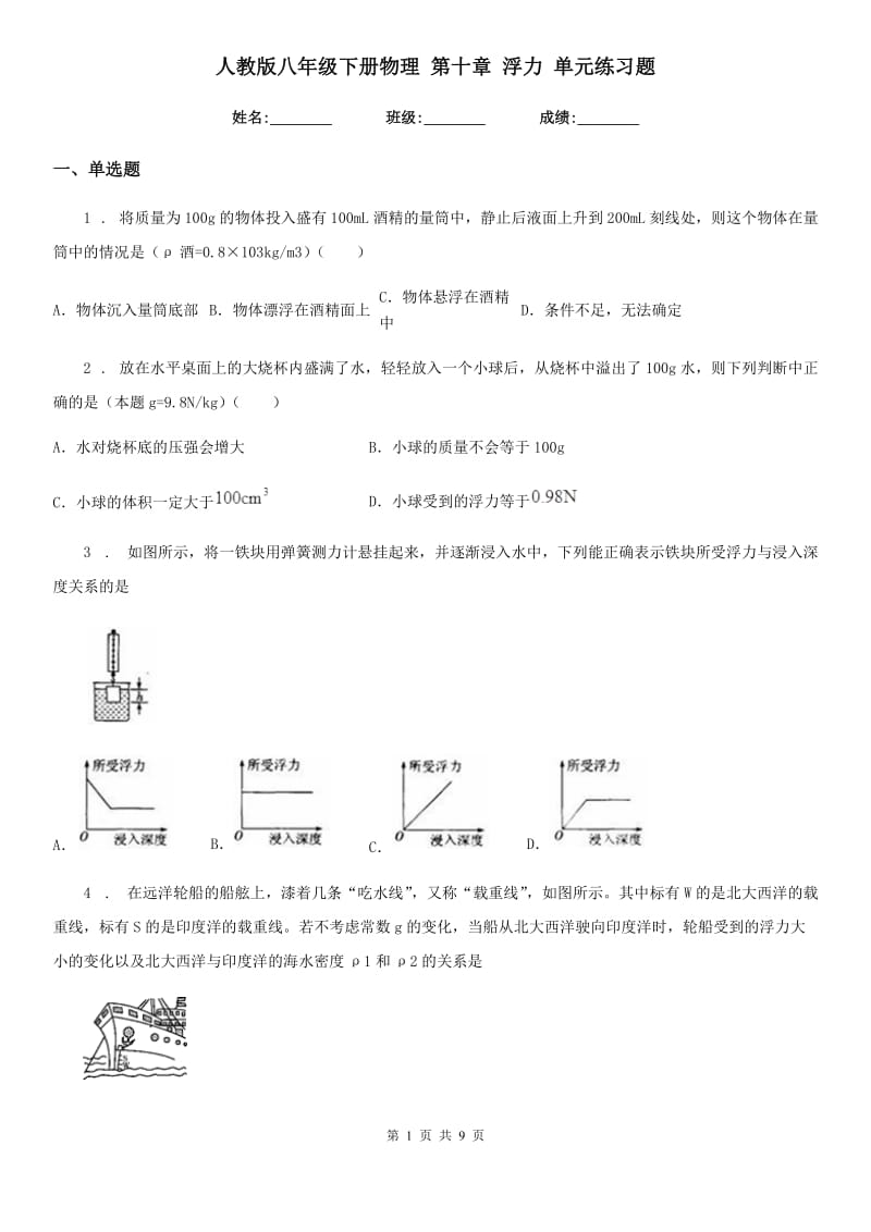 人教版八年级下册物理 第十章 浮力 单元练习题_第1页